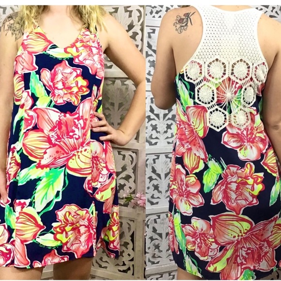 Pink Owl Floral Crocheted Sleeveless Dress Size Lg - Picture 1 of 9